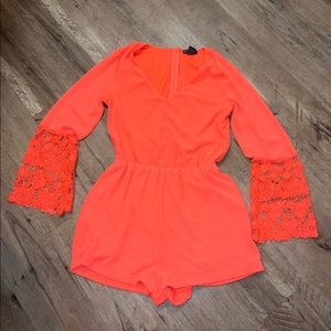 Miss Chievous neon orange coral shorts romper lace long bell sleeves size medium